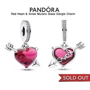 PANDORA Red Heart & Arrow Murano Glass Dangle Charm w/box